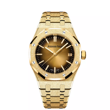 Audemars Piguet Royal Oak Frosted Gold 37mm watch with smoked yellow-gold sunburst dial and hammered 18-carat yellow gold bracelet.
